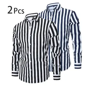 【2PCS】Men's long-sleeved casual business shirt with a collar and a striped vintage base for going out as a base layer. camisas  mangalarga  para  hombres