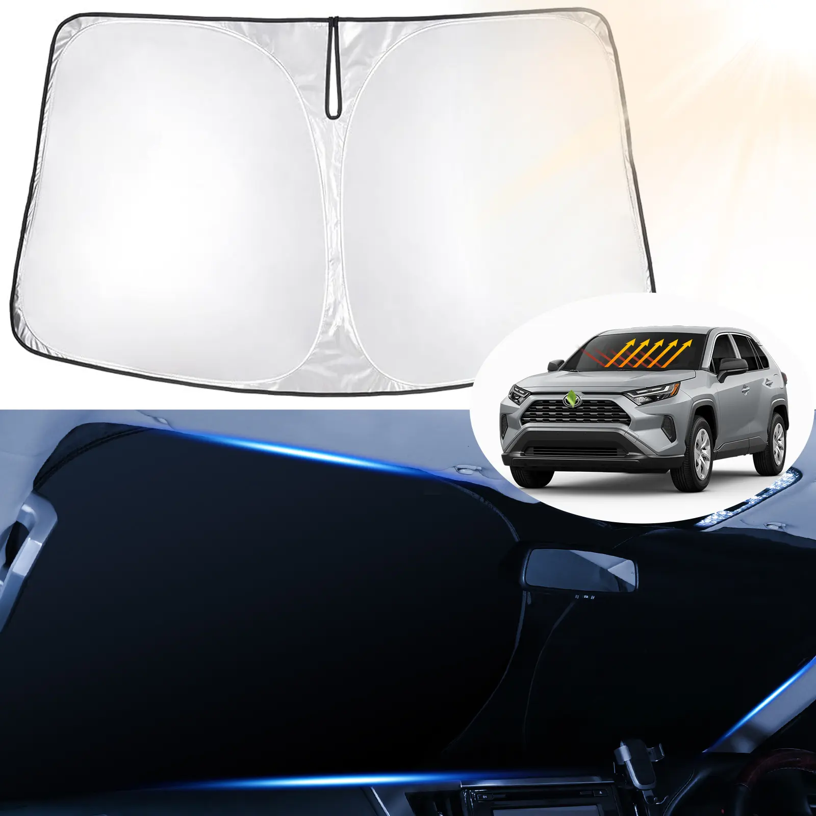 Canvcle Double Reflective Custom Fit Windshield Sunshade for Toyota RAV4 2013-2026, Sunshade for Car Outside, 5-Layer 240T Double-Thickness Reflective Polyester, UV Protection, Foldable Design, Easy Installation and Storage, Energy Savings, Silver Black