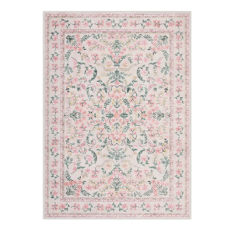 Washable Rug, Area Carpet for Living Room Non Slip, Low Pile Area Carpet with TPR Backing, Soft Floral Carpet for Bedroom Dining Room Nursery, Kids & Pet Friendly Indoor Floor Mat, Green