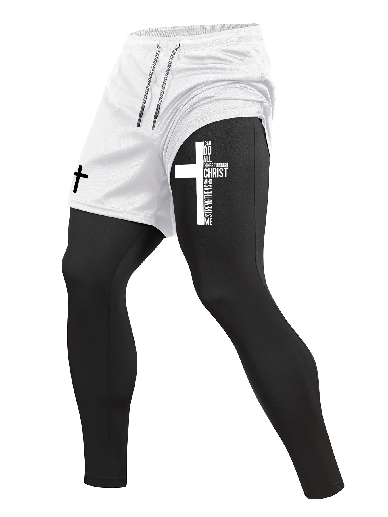 Men's Cross Letter Print 2 in 1 Compression Pants, Athletic Bottoms, High Compression Fit, Spring & Fall Gym Workout Fitness Tights Stretchy Workout Leggings with Phone Pocket, Zipper Pocket, Athletic Running Quick Dry Baselayer Activewear