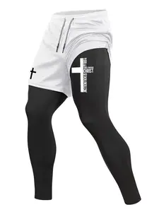 Men's Cross Letter Print Sporty 2 in 1 Compression Pants, Spring & Fall Gym Workout Fitness Tights Leggings with Phone Pocket, Zipper Pocket, Towel Loop, Athletic Running Quick Dry Baselayer Activewear
