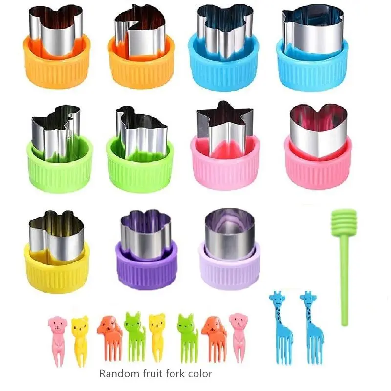 Stainless Steel Fruit & Vegetable Mold Set, 22pcs/set Fruit & Vegetable Mold & Random Color Food Forks, Baking Mold for Home Kitchen, Home Baking Supplies, Baking Tools, bakeware, Cookiecutters