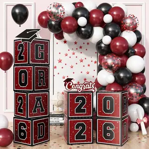 Burgundy Graduation Decorations 2026, 4Pcs Grad Balloon Boxes and 35Pcs Black Burgundy Balloon Garland Arch So Proud of You Graduation Decorations Class of