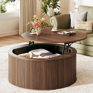 Round Coffee Table with Storage, 31.5" Lift Top Coffee Table, Mid Century Modern Coffee Tables for Living Room, Apartment Office, Fluted Table with Rustic Wood Desktop, Walnut