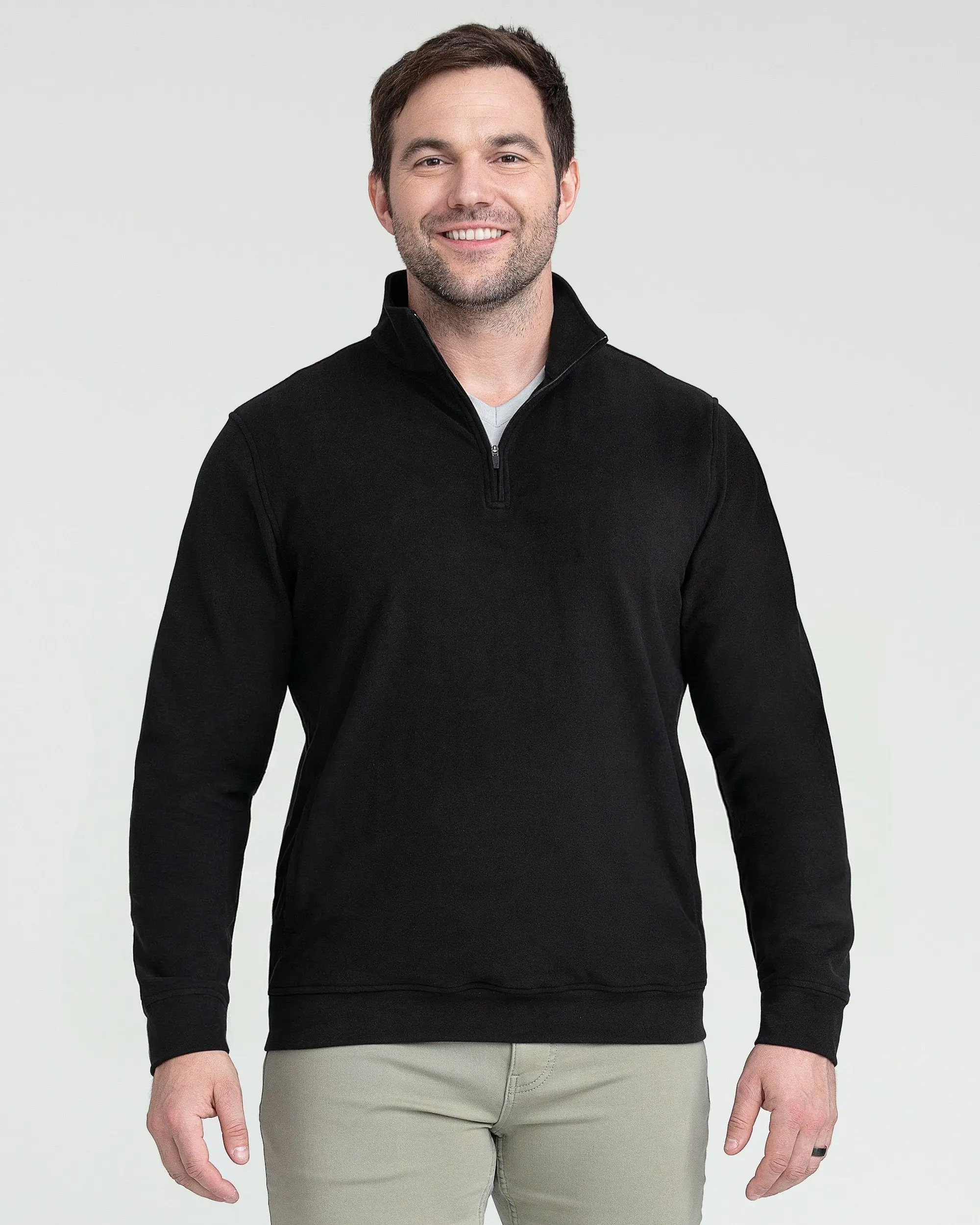 Men's Plush Knit Thermal Quarter-Zip Sweater Tops - Loose-Fitting Stretch Knitwear with Drape Design, Brushed Interior, Side Pockets, Classic Cut, Plain Casual Utility Style for Evening Extra Warmth