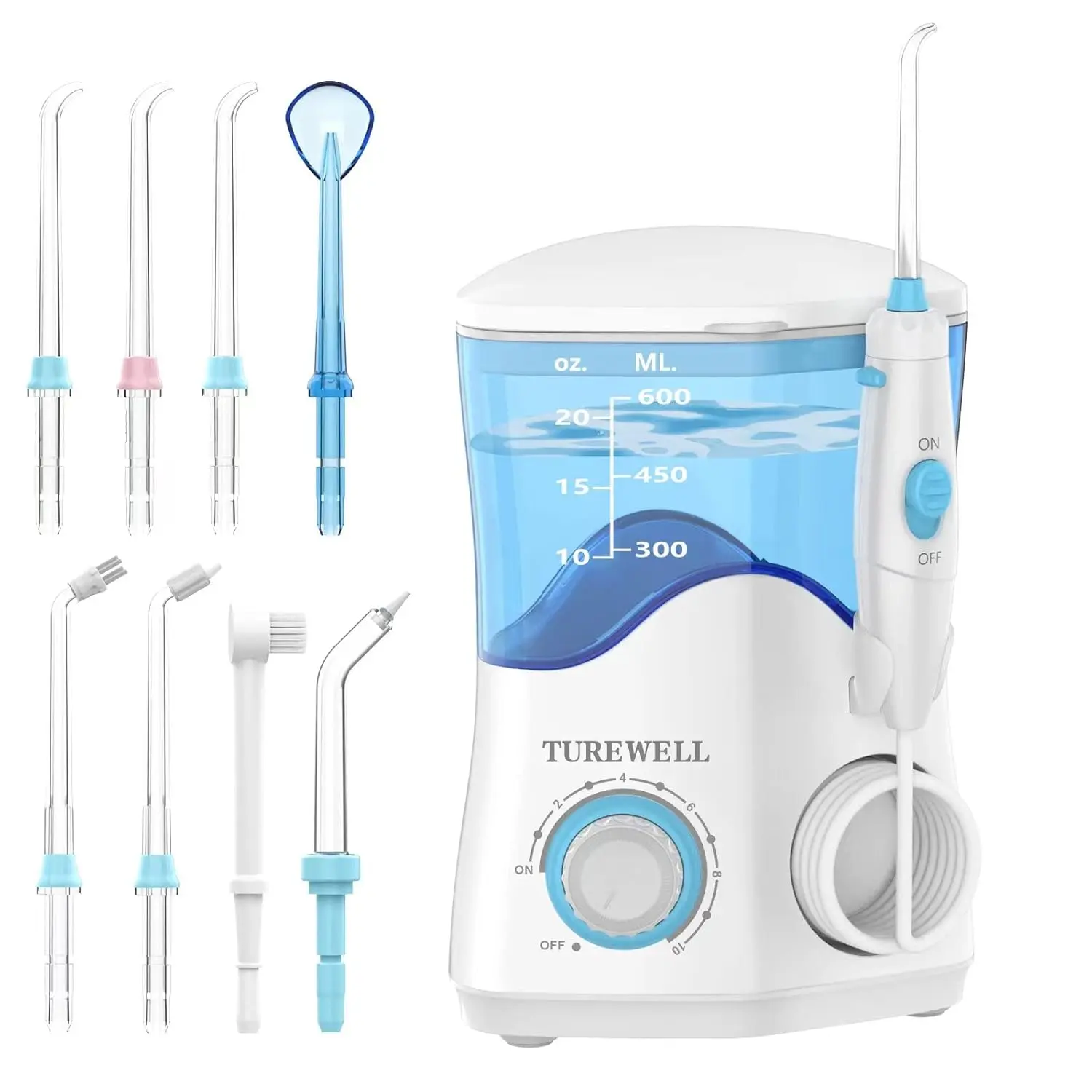 TUREWELL Water Dental Flosser for Teeth/Braces, Water Teeth Cleaner 8 Jet Tips and 10 Pressure Levels, 600ML Large Water Tank Oral Irrigator for Family