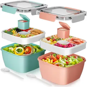 2Pack Salad Lunch Box, Bowls with 3 Compartments, Leak Proof with Fork & Sauce Container TikTokShopBlackFriday Christmas Tableware Sets Stock Up Gift