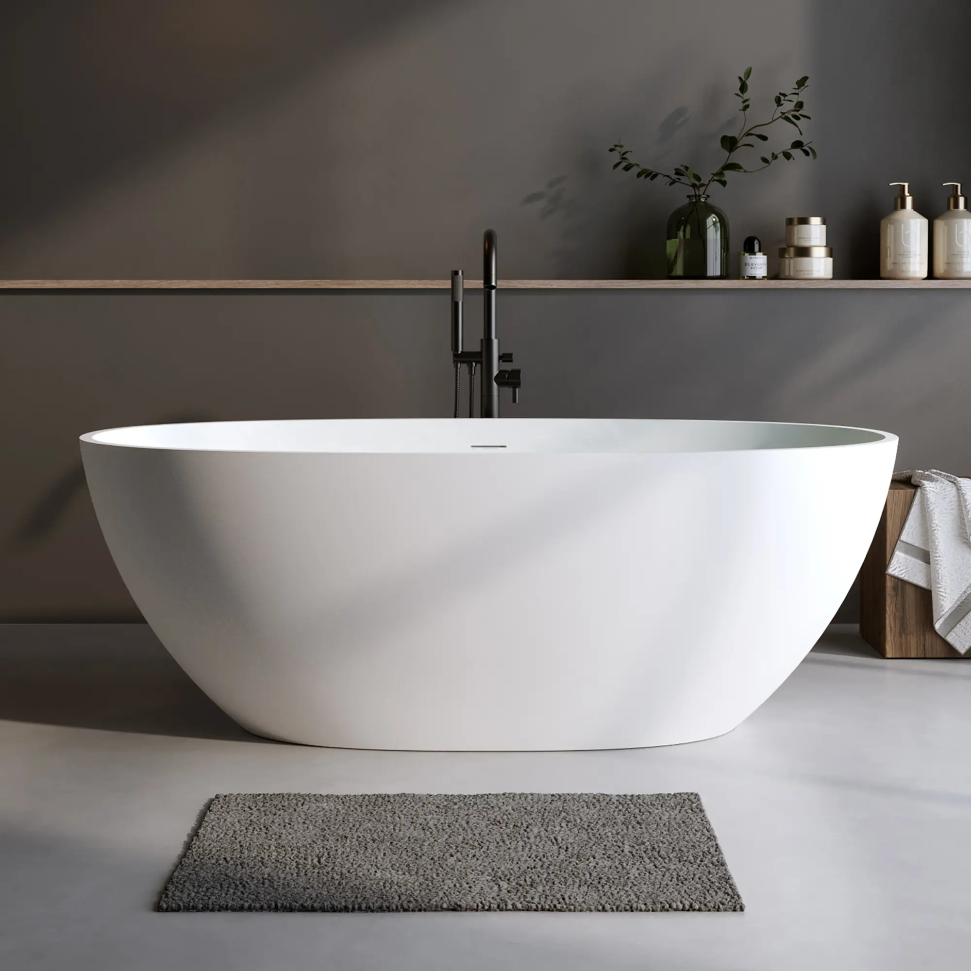 Freestanding Oval Soaking Bathtub, 59-61 Inch Solid Surface Stone Resin Tub with Center Drain, Overflow & Pop-Up Drain, Matte White Finish, Ergonomic Deep Soaker, Multiple Size Options