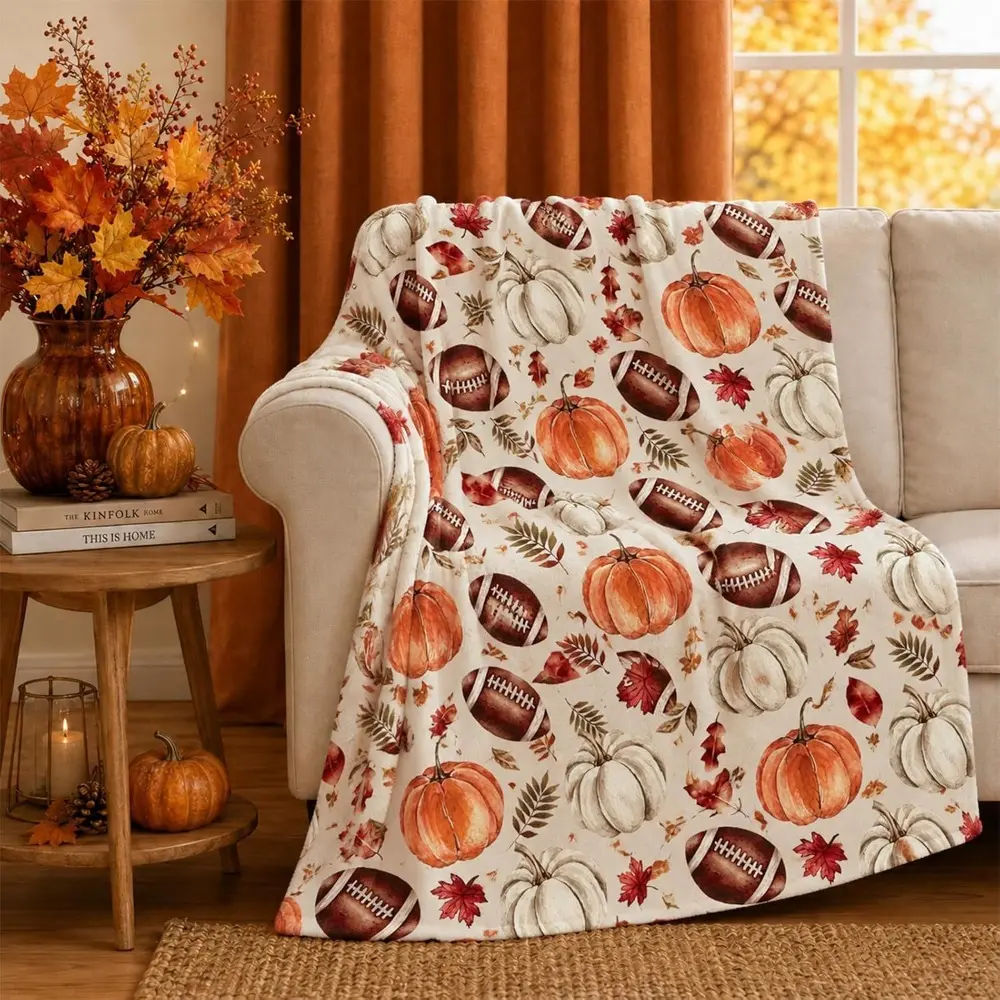 Fall Blanket Gifts 50"*60" Flannel Plush Football Pumpkin Leaves Throw Blankets Thanksgiving Autumn Decor Stuff for Women Adults Kids