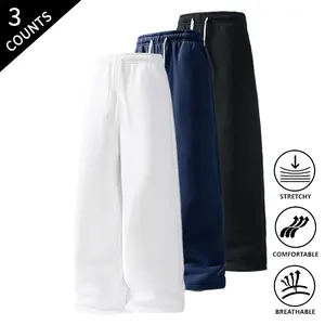 3-Pack Men’s Straight-Leg Casual Pants, Elastic Drawstring Waist, Soft Stretch and Breathable Fabric, Comfortable Loungewear and Streetwear Pants for Men