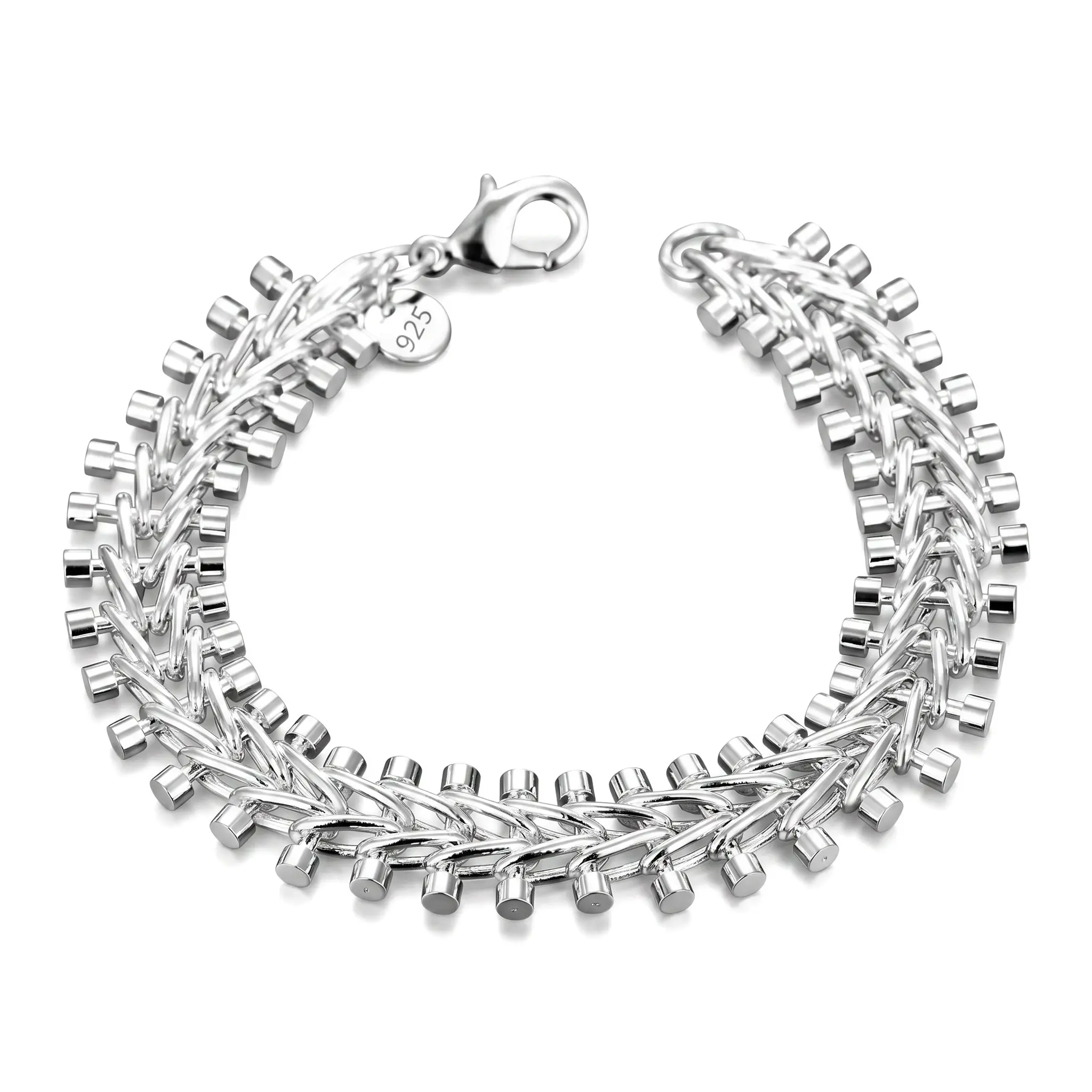 925 Pure Silvery Fishbone Link Bracelet for Men, Heavy 29g Skeletal Geometric Weave Chain Bracelet with Lobster Clasp, Architectural Bold Statement Luxury Silver Jewelry Gift for Birthday Anniversary Father’s Day