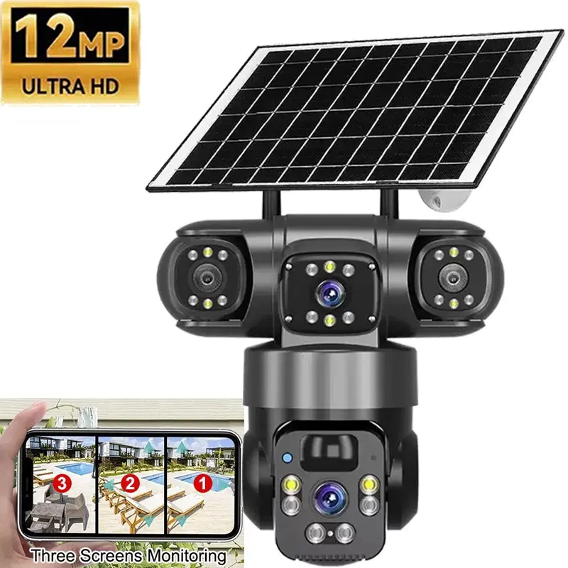 3x Lens Solar Powered Security Camera for V380 PRO, 2MP 3240x1920 HD, Motion Sensor, No Blind Spot PTZ Rotation, 2-Way Talk, IP66 Waterproof, 8000mAh Battery, Wi-Fi IP Camera, Wall Mount, 1x Solar Panel, Supports SD, Lithium Ion Battery
