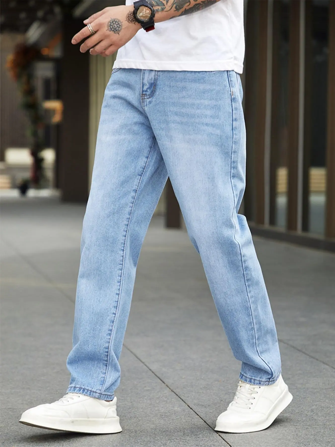 Men's Solid Color Light Wash Denim Jeans, Casual Fashion Denim, Casual Comfy Straight Leg Jeans for Daily Wear, Woven Bottoms for All Seasons, Menswear Pants Streetwear, Casual Washed Denim, Denim Look Jeans