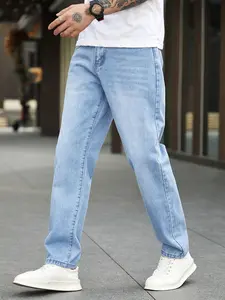 Men's Solid Color Wash Denim Jeans, Casual Comfy Straight Leg Jeans for Daily Wear, Woven Bottoms for All Seasons