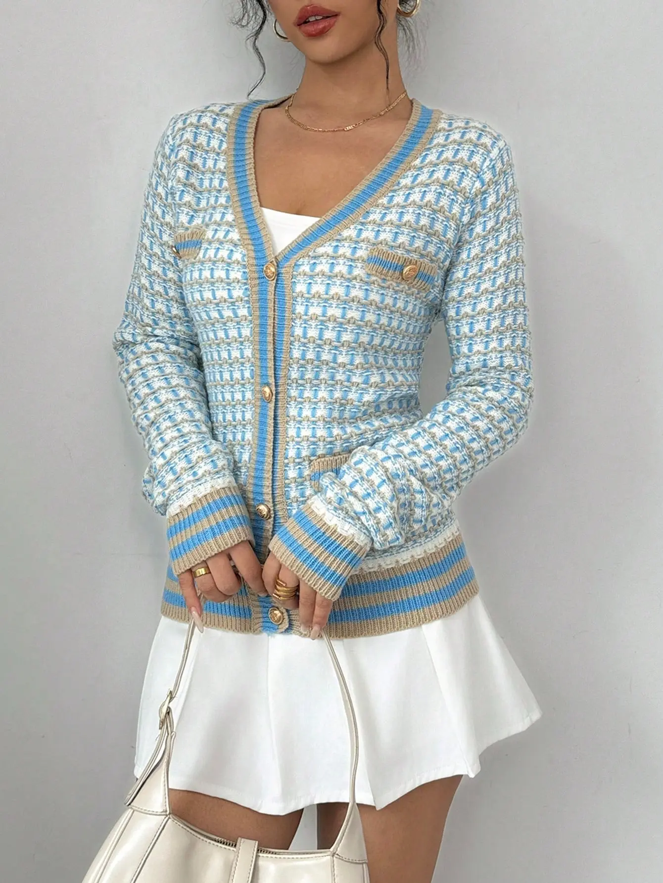 Women's Parisian Style Knitwear Cardigan - Chic Lightweight Houndstooth Striped V-Neck Long-Sleeve Tops with Pockets, Knit Fabric for Elegance, Longsleeves, Retro, Button Front