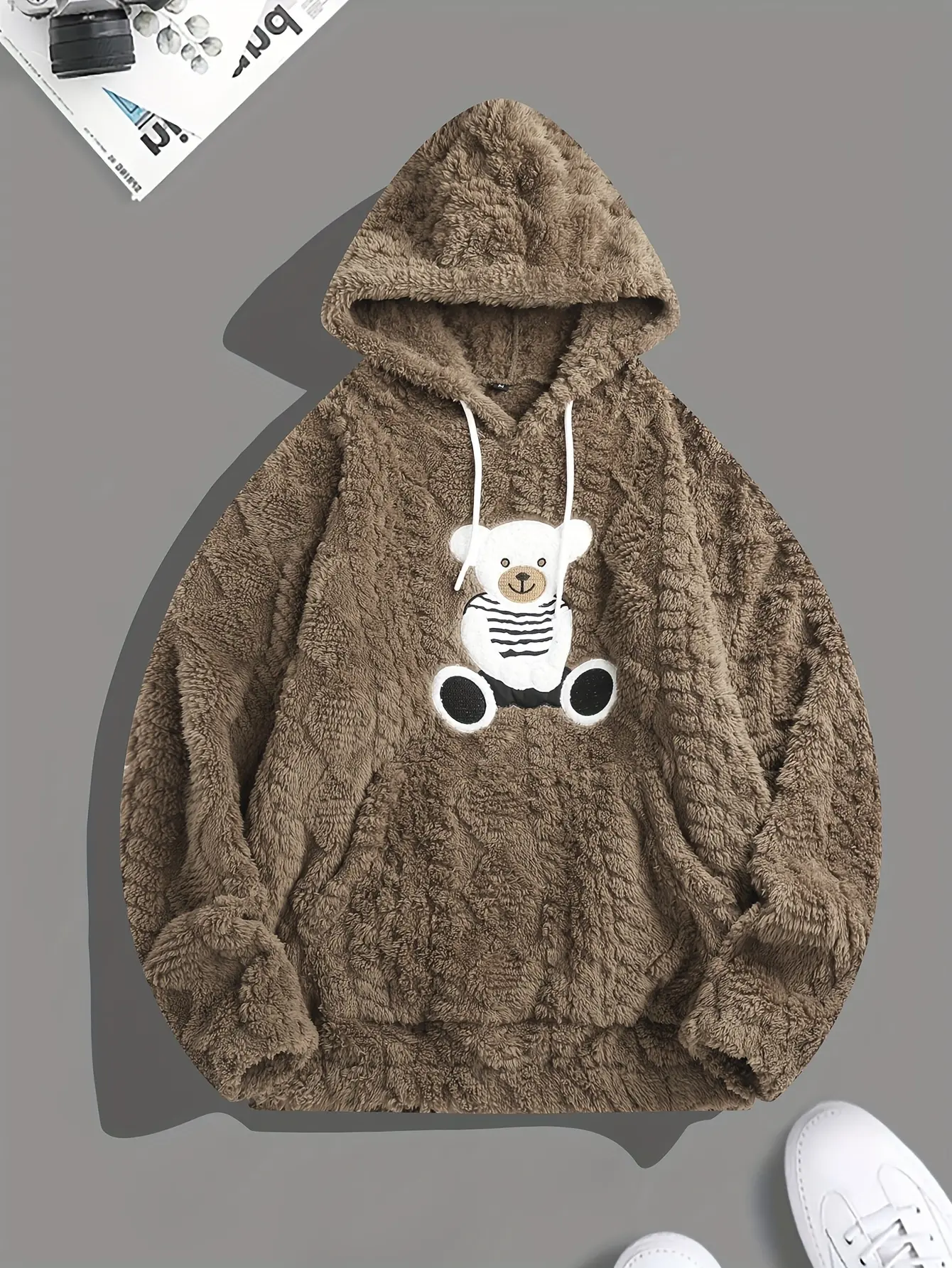 Men's Bear Embroidery Baggy Fleece Hoodie - Casual Loose-Fit Long-Sleeve Pullover Sweatshirt with Kangaroo Pocket for Lounging, Preppy Basic Top