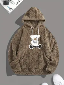 Men's Fleece Casual Hooded Sweatshirt - Animal Embroidery, Long-Sleeve, Pocketed Comfortable Menswear for Home Use