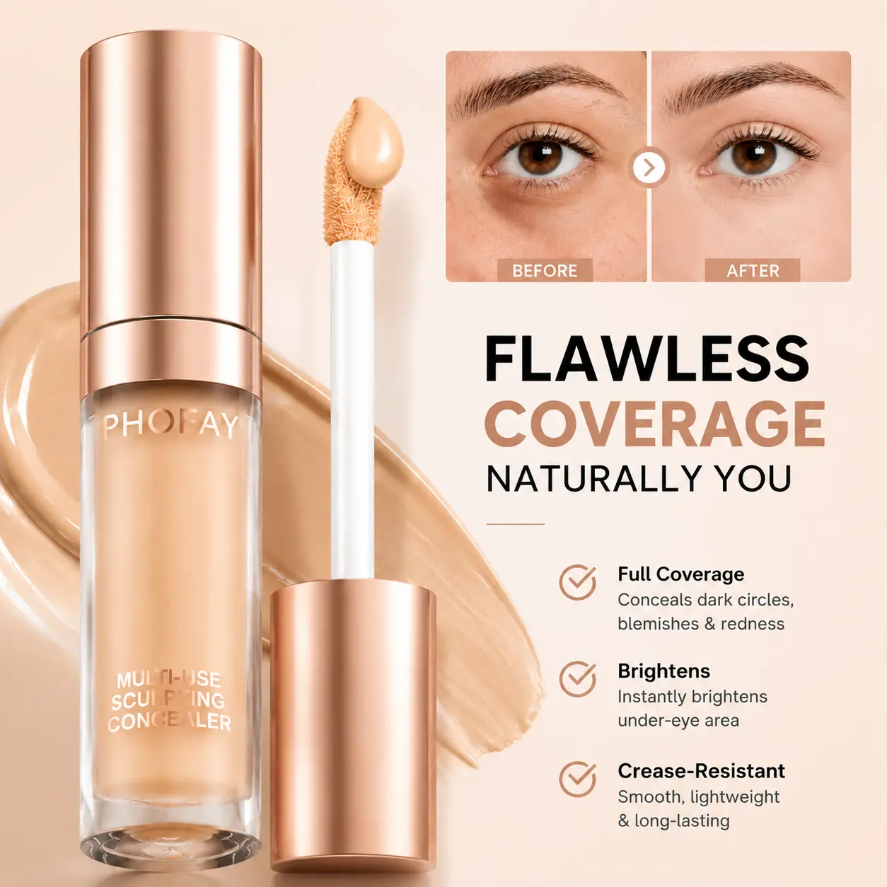 PHOFAY Multi-Use Sculpting Concealer - Full Coverage Liquid Concealer for Dark Circles, Blemishes & Flawless Natural Finish Makeup