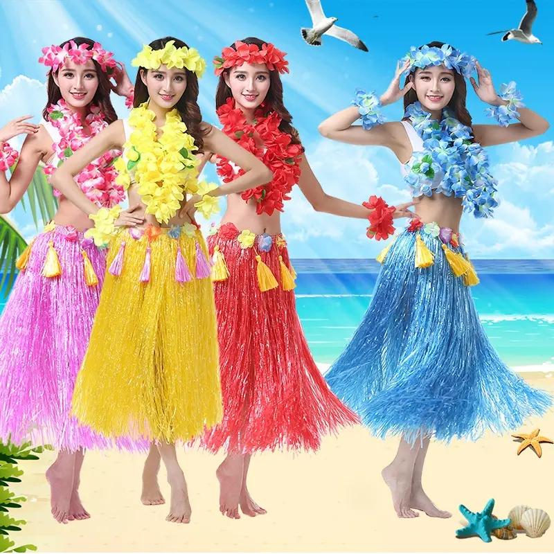 Women's 80cm Fully Thickened 8-Piece Colorful Hawaiian Grass Skirt Clothes Set, Lady's Sea Grass Dance Skirt with Matching Lei & Flower Crown Accessories (Festive & Party Supplies)