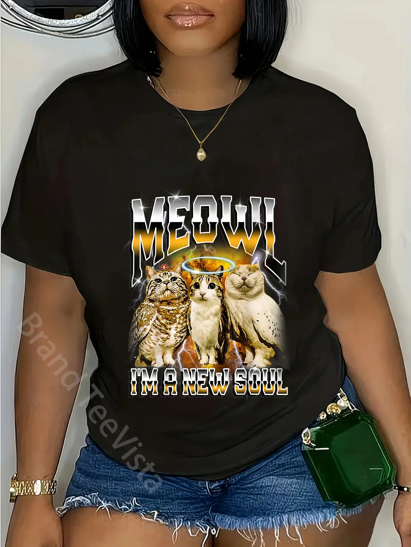 Women's 100% Cotton Casual Everyday Graphic Streetwear Top - Meowl Cat Owl Funny Cursed Internet Bootleg T-Shirt, Tshirt, Vintage, Short Sleeve, Weird And Wonderful, Large, Shortsleeve, Casual Fit