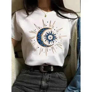 Sun Moon Print Casual Crew Neck T-Shirt for Women Perfect for Spring and Summer