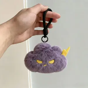 Angry Cloud Plush Keychain, Cute Fluffy Purple Cloud Bag Charm with Lightning, Kawaii Plush Key Ring with Wrist Strap for Backpack & Purse, Adorable Cloud Accessory Gift