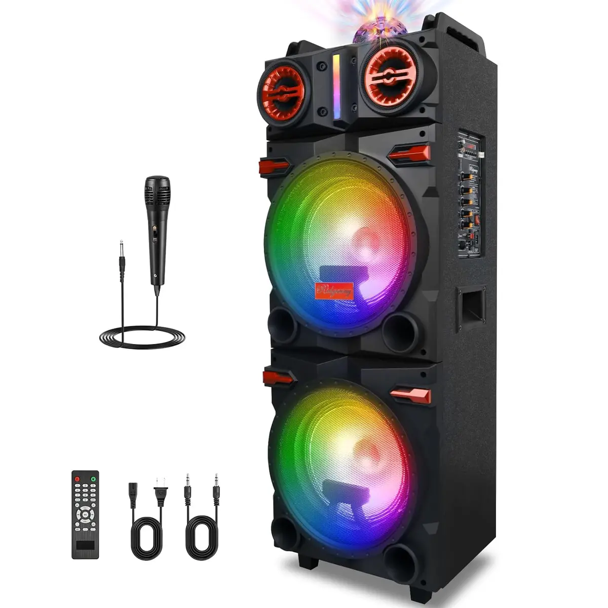 Portable Bluetooth Hi-Fi Karaoke Speaker Rechargeable PA System, Dual 10" Subwoofer, Colorful Party Light, Telescopic Pull Rod, Remote, Mic Audio