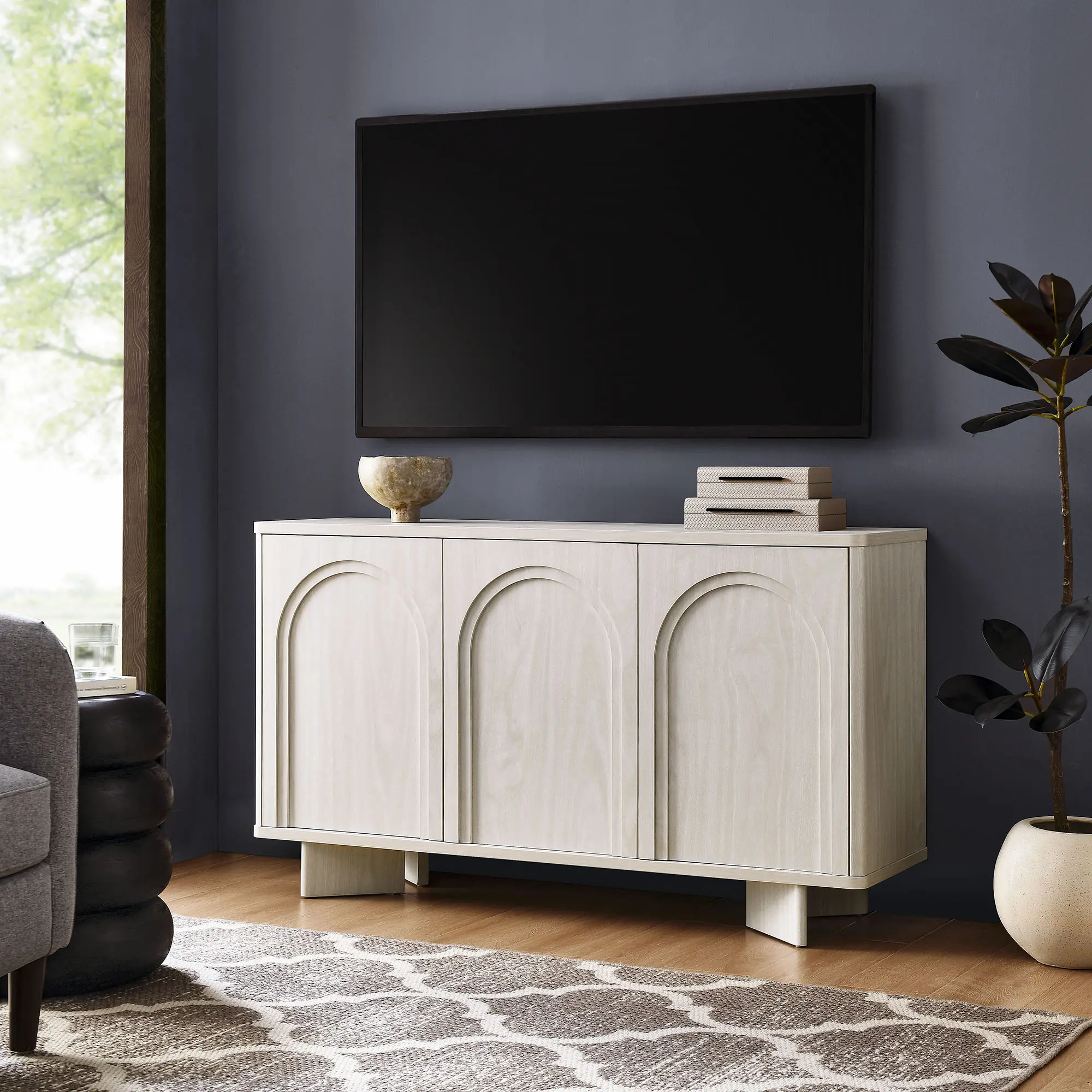Flux Arched 3-Door White Wash Wooden Sideboard, Accent Cabinet, Modern Living Room Furniture, Multi-Functional TV Cabinet