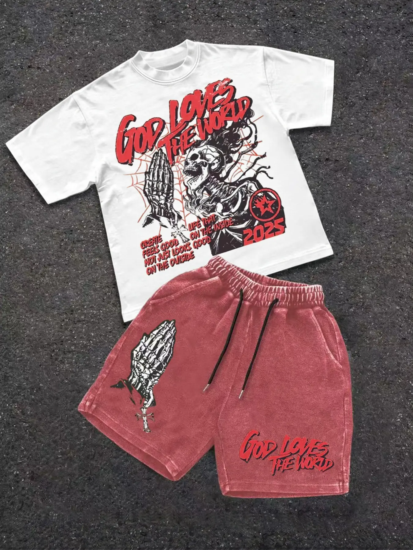 Men's Summer 2-Piece Set, Letter Skull Graphic Print Round Neck Classic Casual Short Sleeve T-Shirt + Skull Hand Print Drawstring Cotton Shorts, Outdoor Fashion, Summer Clothing Set, Menswear