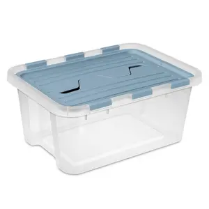 Sterilite 20 Qt Hinged Lid Storage Box, Plastic Container, Washed Blue, 18 Pack