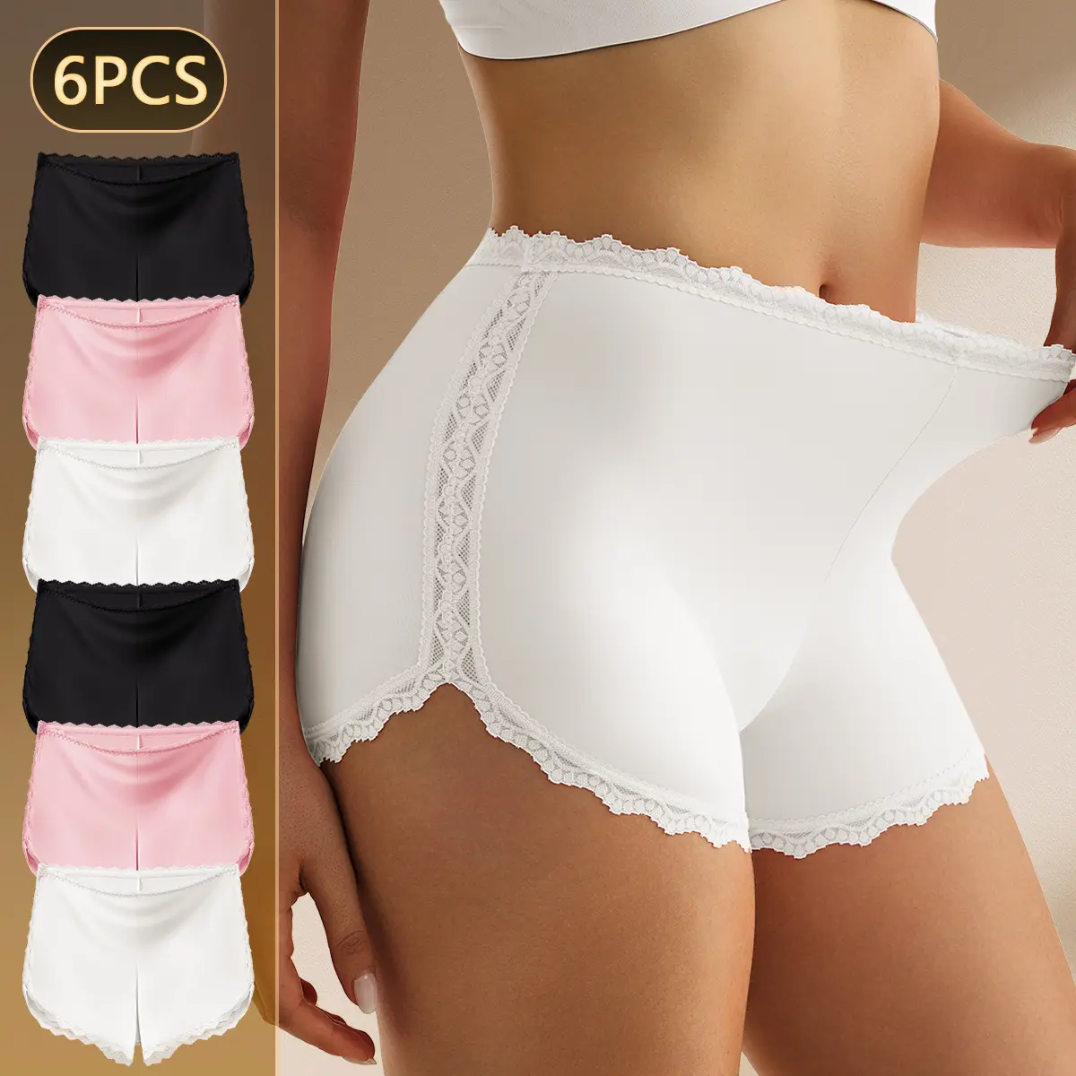 QUASTI Women’s 6 Pcs High Waist Seamless Lace Boxer Briefs Panty 6Pcs(Black*2+ White*2+ Pink*2)), Plain Soft Milk Silk Fabric, Tummy Control, Hip Lifting, Breathable, Skin Friendly, No Show Safety Knicker for Versatile Outfits (S XXL)
