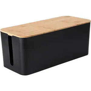 PowerKing Cable Management Boxes Organizer, Bamboo Lid, Large Storage Wires Keeper Holder for Desk, TV, Computer, USB Hub, System to Cover and Hide & Power Strips & Cords (Luxury Black)