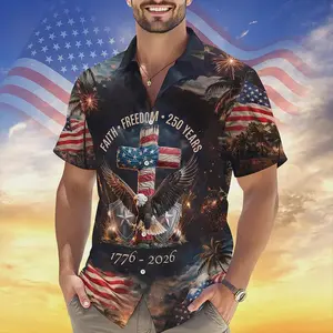 Faith Freedom 250 Years Hawaiian Shirt, 1776-2026 Patriotic Cross Men Shirt, USA Eagle Flag Button Down, USA 250th Anniversary Gift