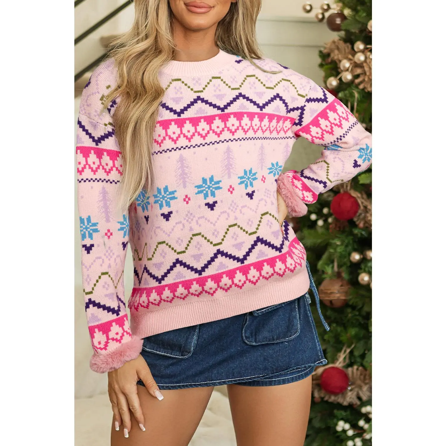 Multicolour Ethnic Christmas Pattern Knit Feather Cuffed Sweater
