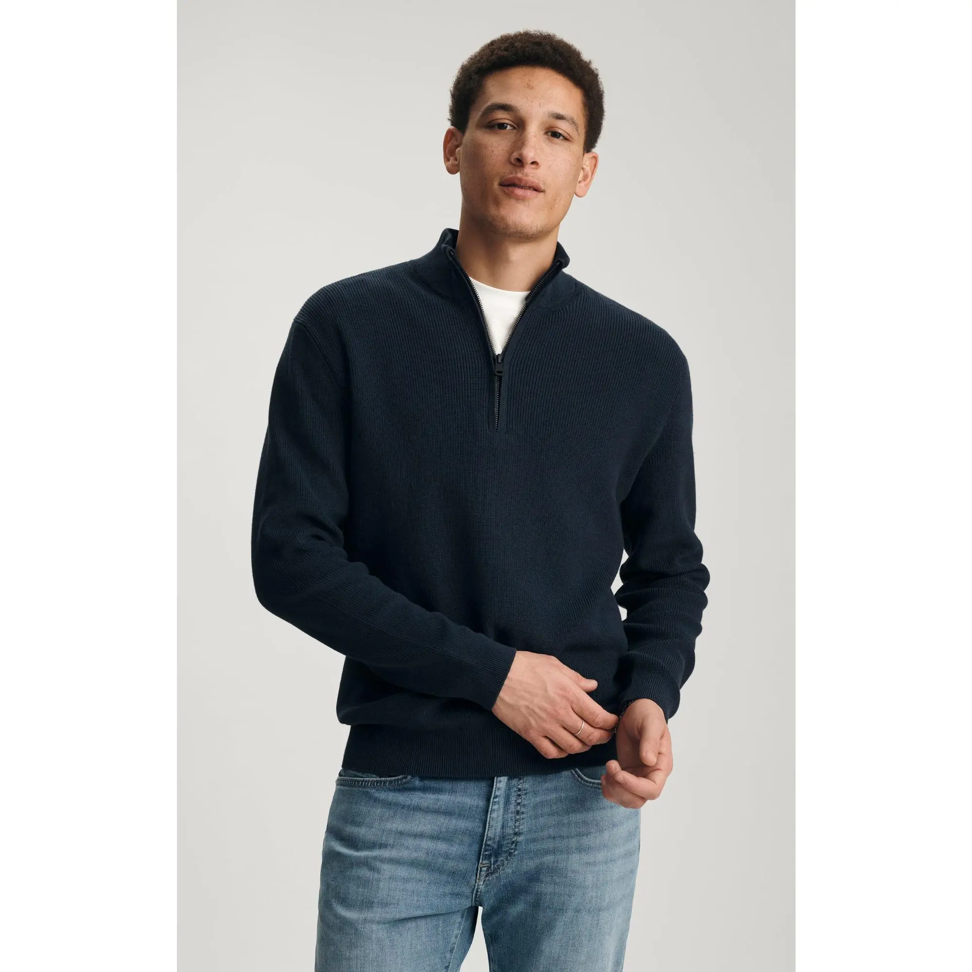 Men's Ribbed Knitwear Pullover, Casual Plain Cotton Half-Zip Mock Neck Oversized Sweater, Mock Neck Oversized Men's Sweatshirts, High Neck