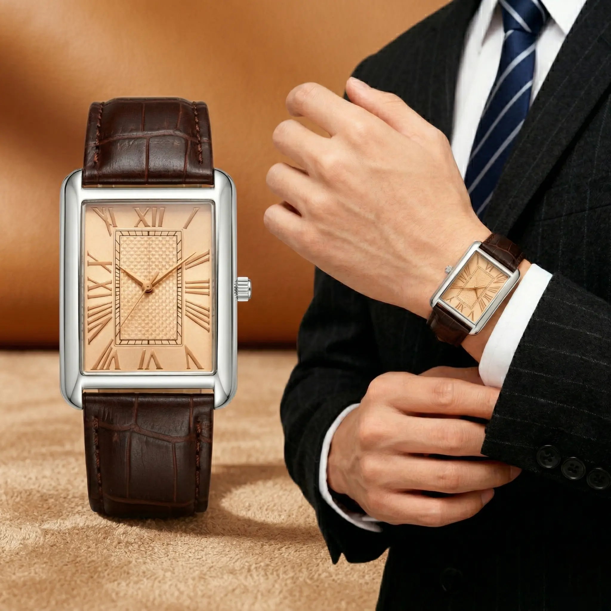 Men's Watch, Vintage Rectangular Dial with Croco Print PU Leather Strap, Quartz Analog Movement for Business Casual, Men's Accessories, Casual Fashion Watch, Quartz Analog Wristwatch
