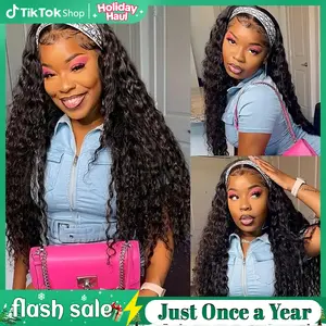 Bling Hair Headband Wig Deep Wave Machine Made None Lace Human Hair WIg Ready to Wear Glueless Curly Headband Half Wig For Wowen Beginner Friendly 180% Density TikTokShopHolidayHaul
