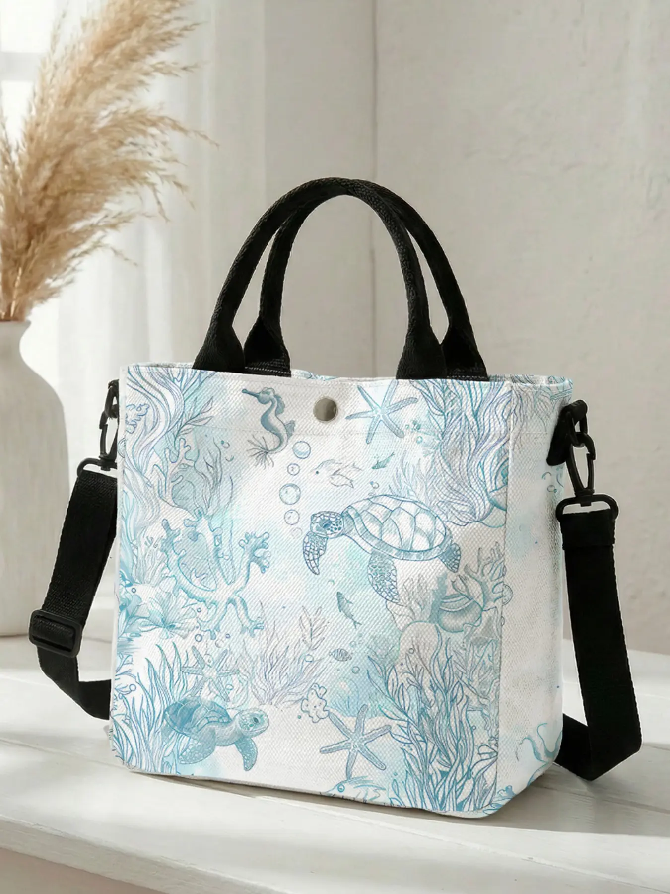 1 piece of sea turtle ocean pattern 2D printed crossbody bag, Fashionable Patterned bag, unique bags, adjustable shoulder strap + snap closure | Students/Office workers/Shopping | A street style essential combining aesthetic appeal and practicality