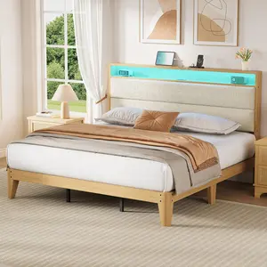 Garvee King Size Bed Frame, Boucle Platform Bed Frame with LED Lights, Upholstered Headboard with Built-in Charging Station, No Box Spring Needed, Easy Assembly, Cream