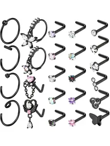 24 PCS 20G Dangle Nose Rings for Women Butterfly Flower Dangle Nose Ring Hoops Colorful 2mm Small Nose Studs Trendy Nose Piercing Jewelry