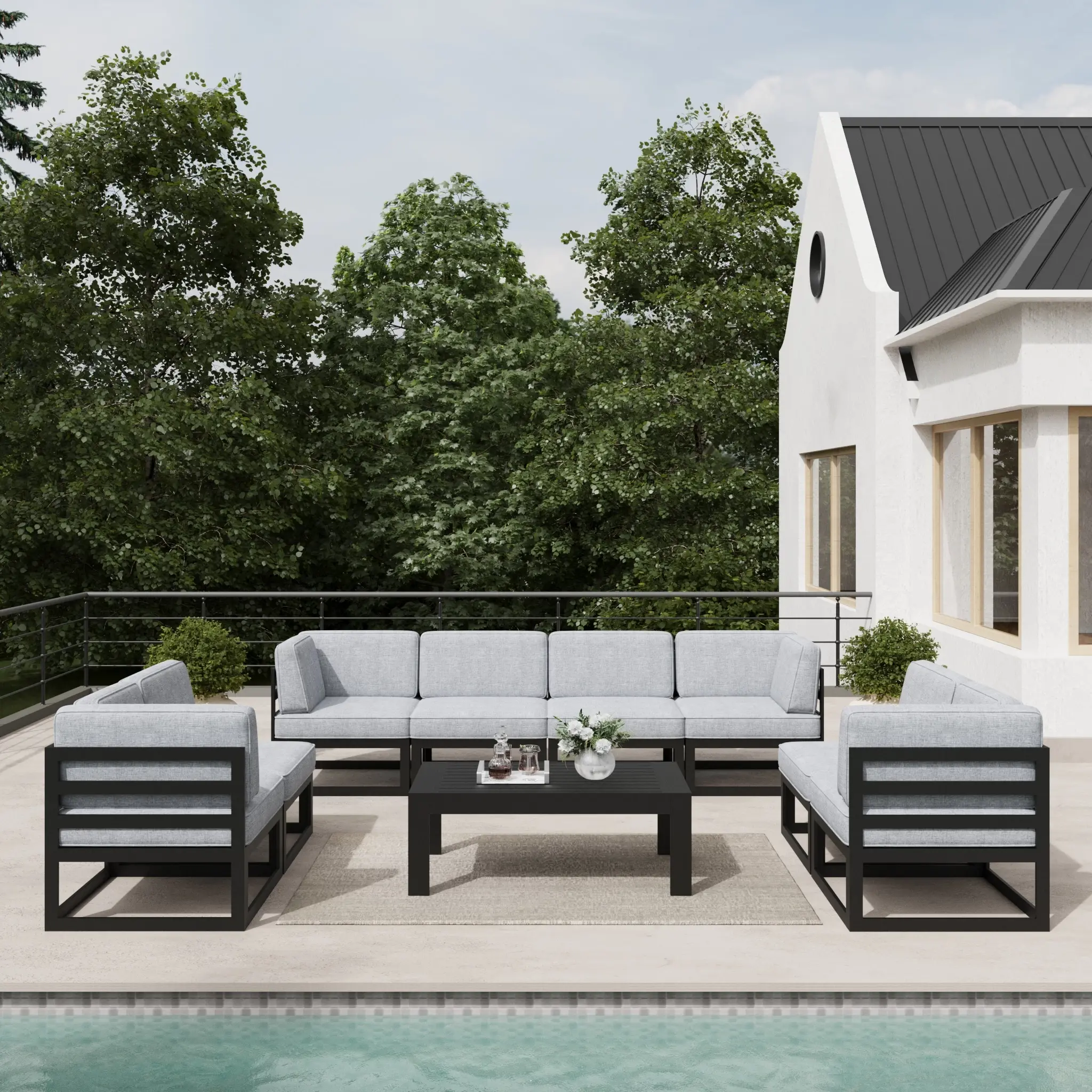 LayinSun Large Aluminum Patio Furniture Set, 9 Pieces Modern Outdoor Conversation Set Sectional Metal Sofa Set with Olefin Cushion, Multiple Packages
