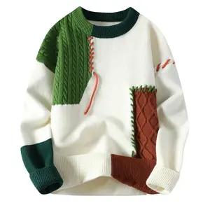 Men’s color-block knit sweater with patch detailing, oversized fit, crew neck—fashionable knitted pullover for both men and women