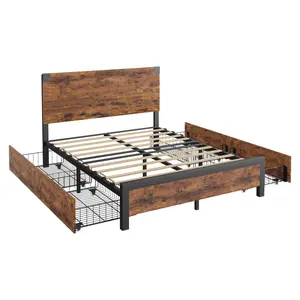 【GARVEE】Full Size Bed Frame with Storage Drawers,Heavy Duty Metal Platform with Wooden Headboard, No Box Spring Needed, Vintage Brown, Easy Assembly
