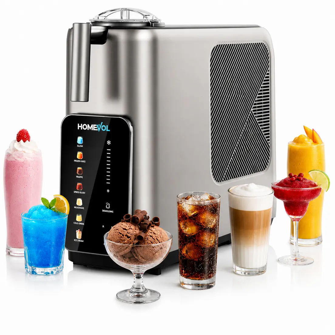 HOMEVOL 3-in-1 Household Kitchen Appliance - Ice Cream Maker, Slushie Machine, Cold Drink Chiller with 7 Pre-Set Modes, 10 Texture Levels, 304 Stainless Steel, 1.3L Silver White Capacity