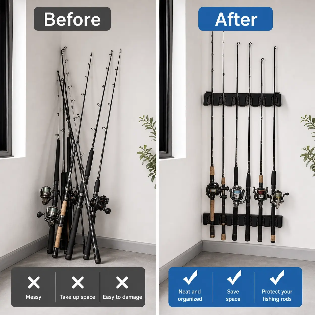 Heavy-Duty 6-Rod Fishing Rod Storage Rack – Convertible Vertical/Horizontal Design, Space-Saving Wall or Floor Mount, Protective Coating for Rod Safety, Perfect Christmas or New Year Gift for Fishermen (Rods Sold Separately)