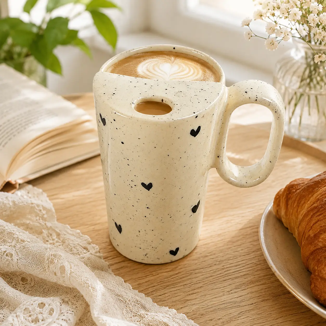 Black Heart Yellow Handle Ceramic Coffee Mug Handmade 12oz Dishwasher Microwave Safe Reusable Gift for Coffee Lovers Perfect for Mother's Day Safe Lead Free Design    12
