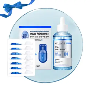 Wellage HYALURONIC DUO  | Real Hyaluronic Blue Ampoule 75ml (2.54 fl.oz) + Real Hyaluronic Oneday Kit 7ea with Lightweight, 100% Pure Hyaluronic Acid for Deep Hydration and Dewy Skin, Korean Skincare Set
