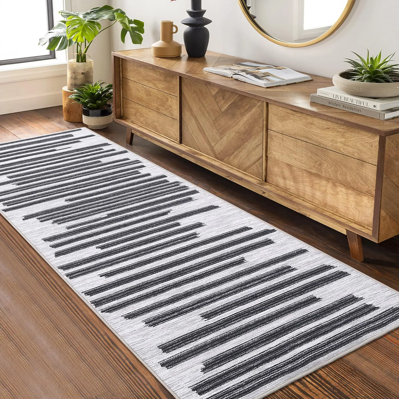 【GARVEE】Runner Rug 2x6 Modern Berber Stripe Hallway Rug Machine Washable Accent Rug Non Slip Indoor Throw Rug Low Pile Rug for Bedroom Kitchen Bathroom, Cream/Black