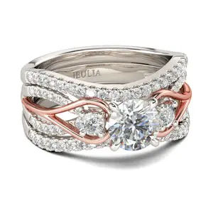 Jeulia Two Tone Three Stone Round Cut Sterling Silver Ring Set s925 sterling silver