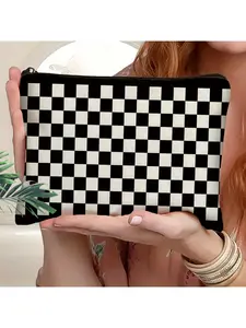 1pc Black & White Checkerboard Makeup Bag - Durable Travel Toiletry Organizer with Golden-Tone Hardware, Spacious for Daily Use & Trips, Machine-Washable - Ideal Birthday Gift for Women, Manicurists, Stylish Checkered Design (White/Purple) - Perfect